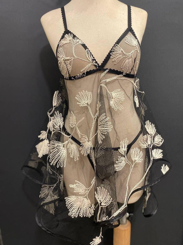 Sheer Black Embroidered Babydoll Dress, Floral Tulle Lingerie - Handmade Boudoir Sleepwear