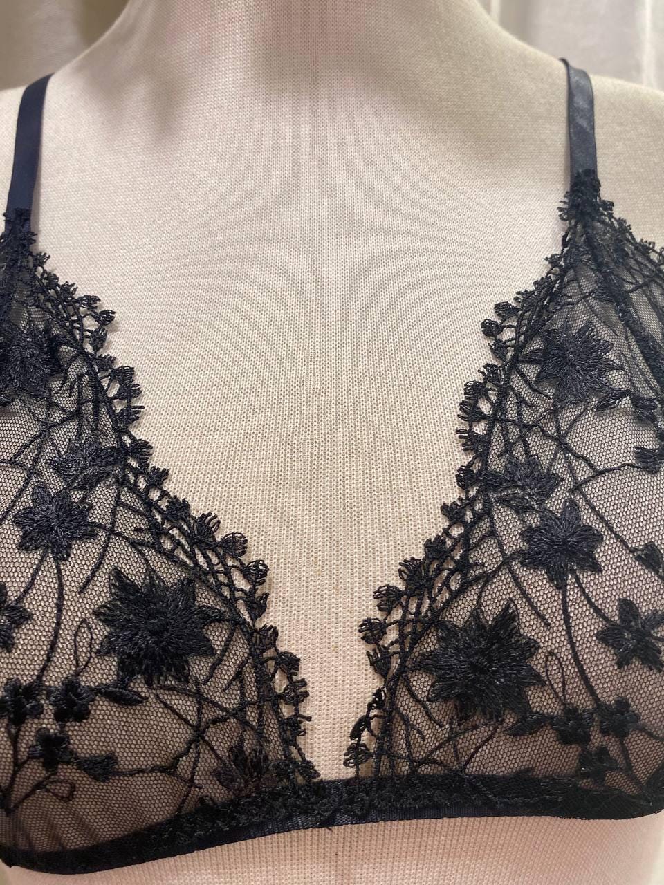 Handmade Black Floral Lace Lingerie Set,Sheer Triangle Bra and Thong