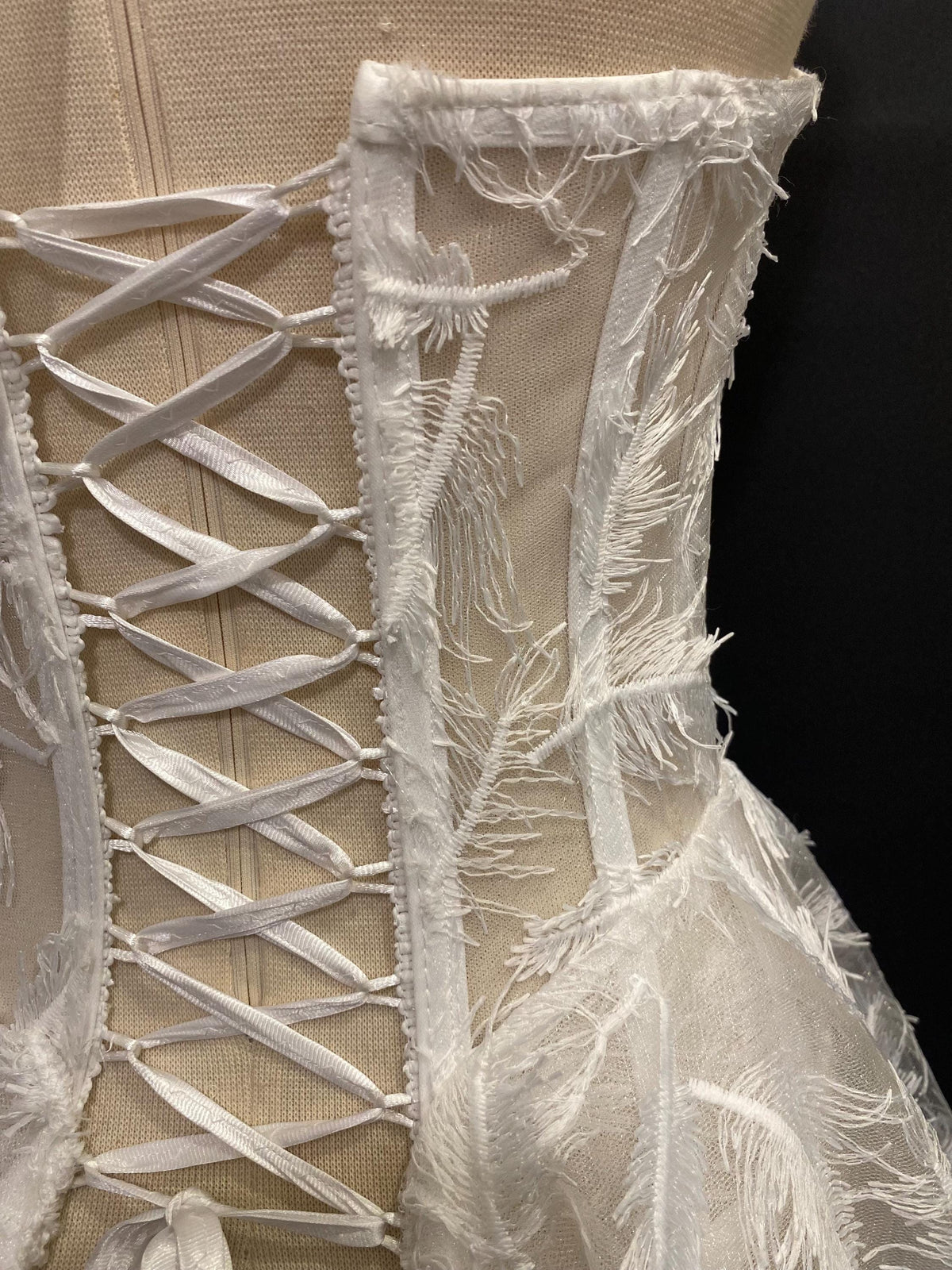 Feather Embroidered Corset Mini Wedding Dress, Strapless Bridal Gown, Elopement Reception Dress