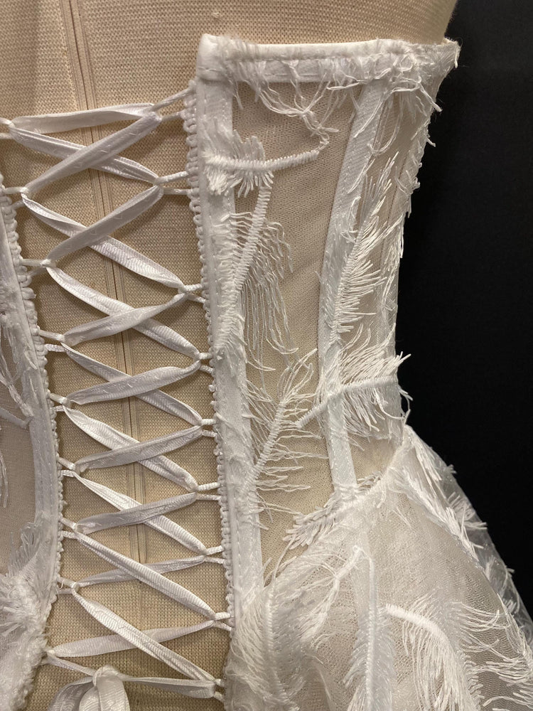 Feather Embroidered Corset Mini Wedding Dress, Strapless Bridal Gown, Elopement Reception Dress