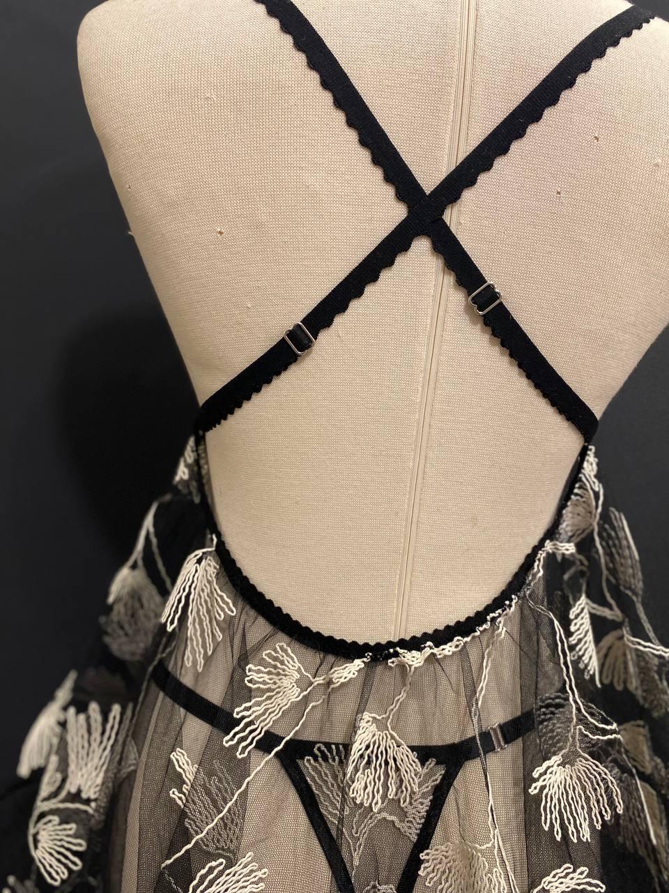 Sheer Black Embroidered Babydoll Dress, Floral Tulle Lingerie - Handmade Boudoir Sleepwear
