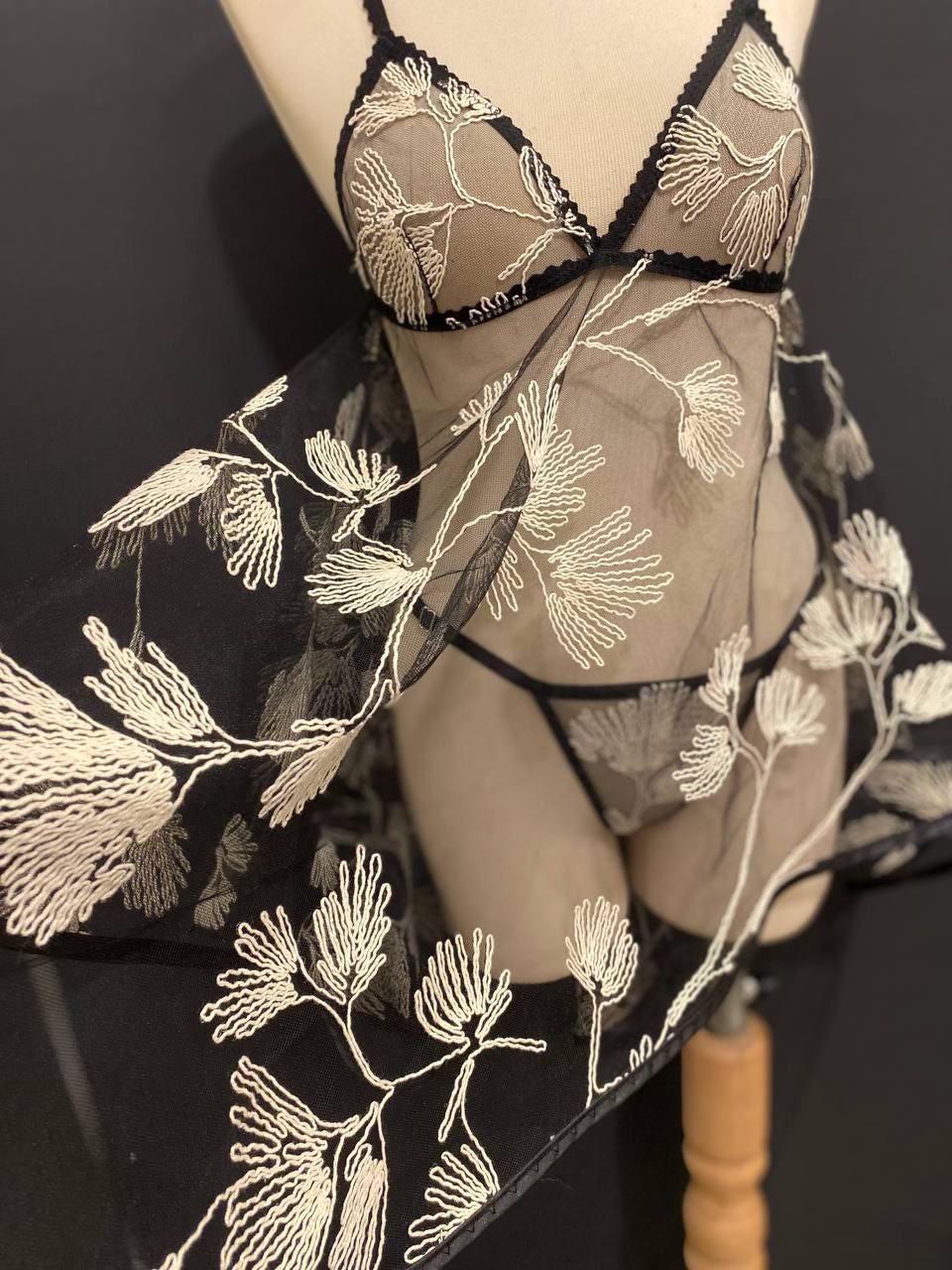 Sheer Black Embroidered Babydoll Dress, Floral Tulle Lingerie - Handmade Boudoir Sleepwear