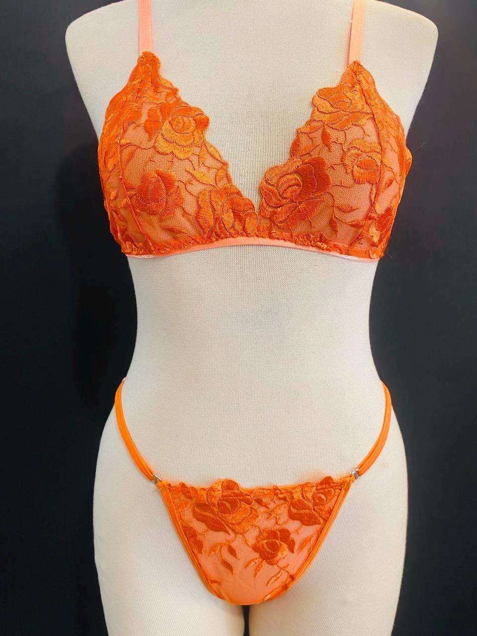 Orange Lace Bralette Set, Handmade Sheer Lingerie, Floral Lace Thong Set, Sexy Lingerie, Festival Underwear, Gift for Her