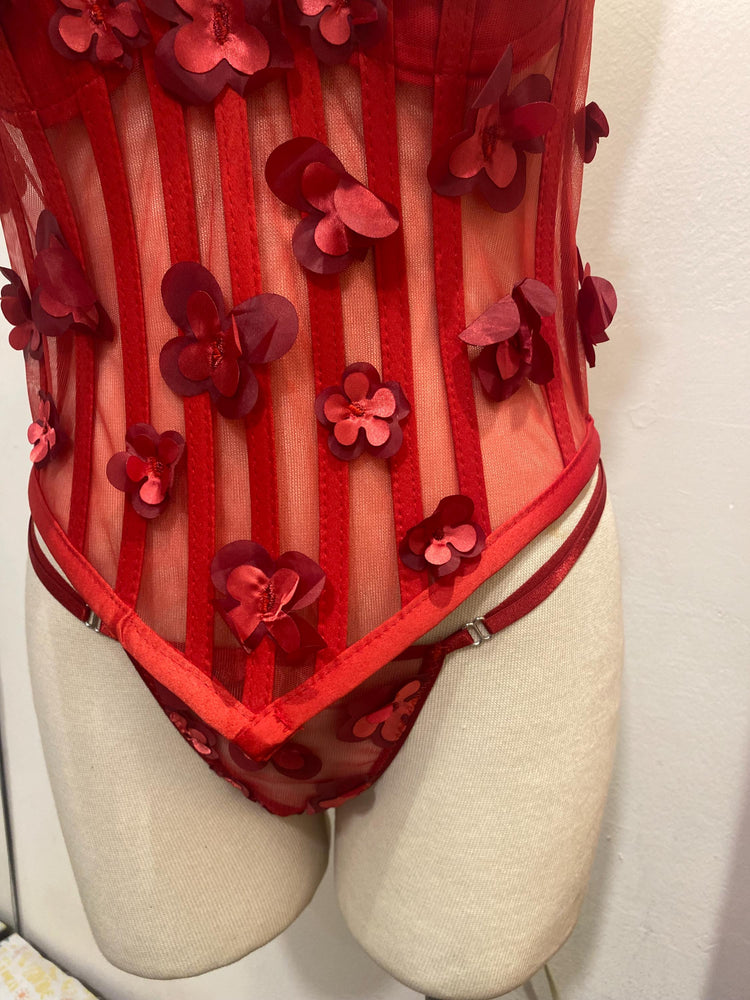 Red 3D Floral Corset Lingerie Set • Mesh Bustier with Appliqué Flowers • Christmas Gift for Her • Sexy Holiday Outfit