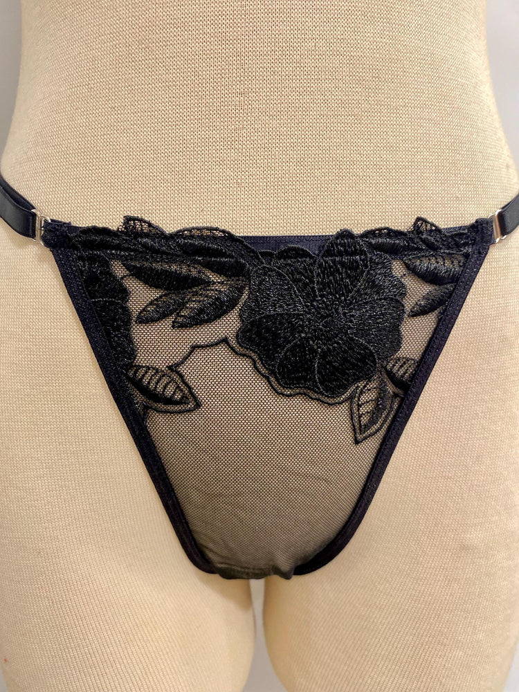 Handmade in Istanbul - Sheer Mesh Bra & Thong - Handmade Black Rose Embroidered Lingerie Set