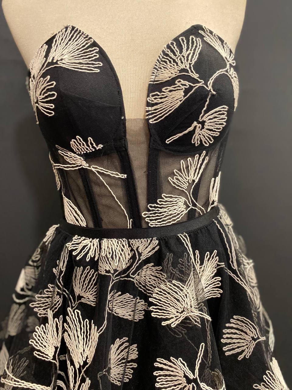 Embroidered Corset Dress Set, Botanical Line Art Evening Mini, Versatile Two-Piece Prom