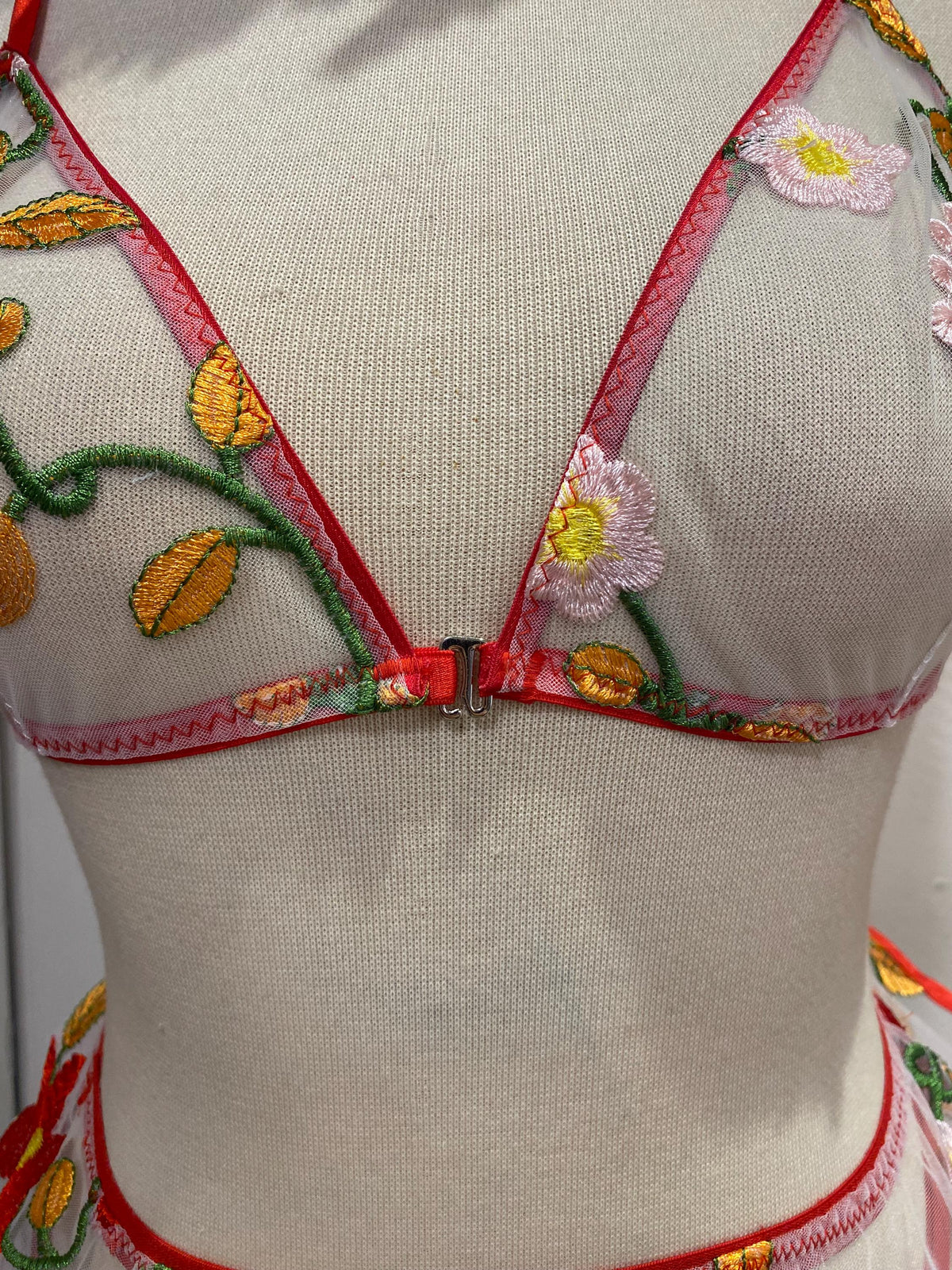 Colorful Floral Embroidered Lingerie Set with Sheer Skirt
