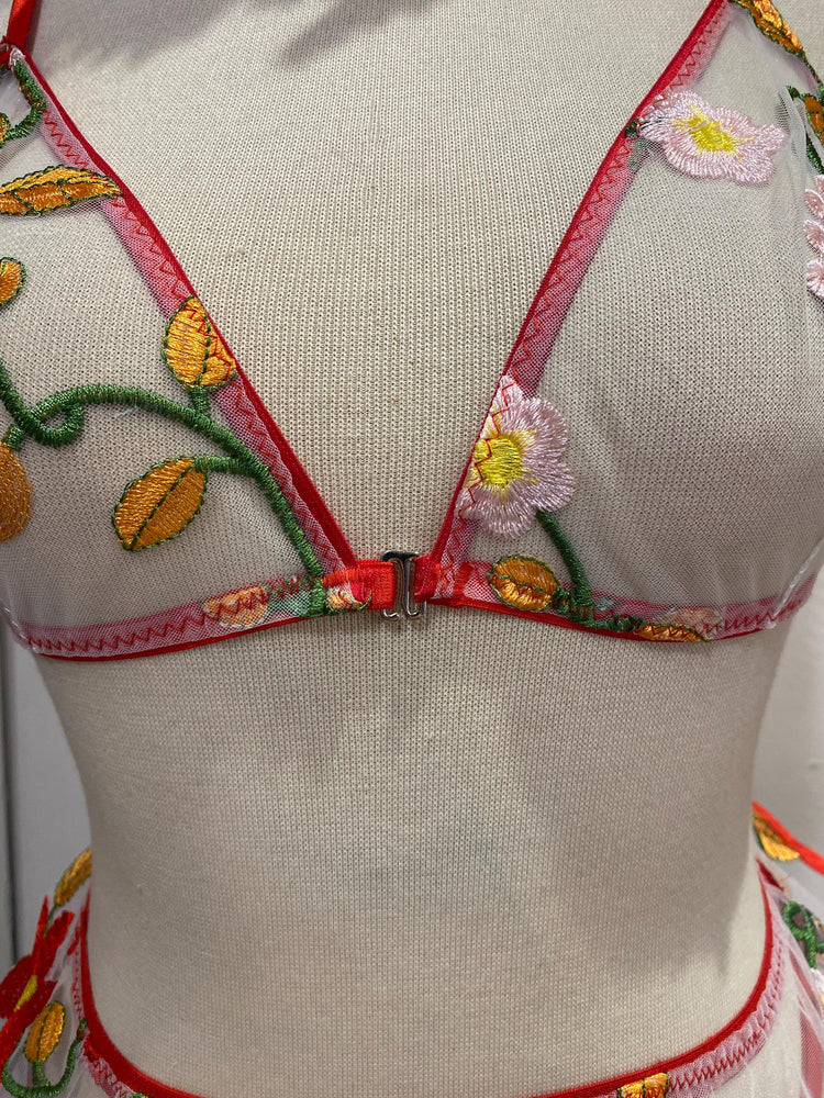 Colorful Floral Embroidered Lingerie Set with Sheer Skirt