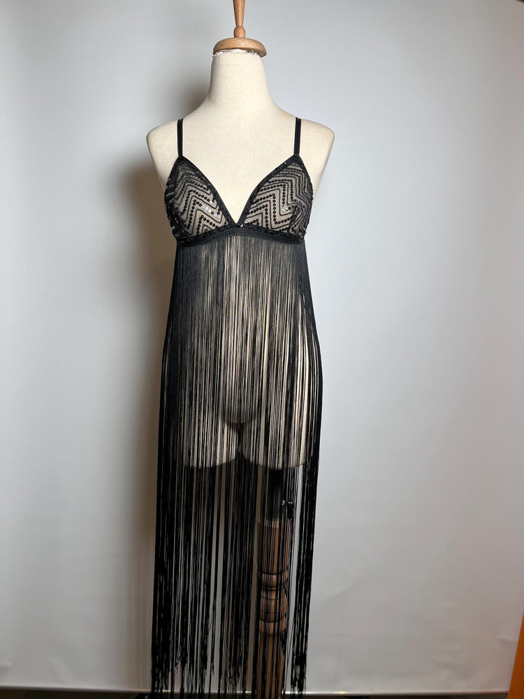Handmade in İstanbul Sequin Mesh, 1920s Flapper Style Handmade Black Fringe Lingerie