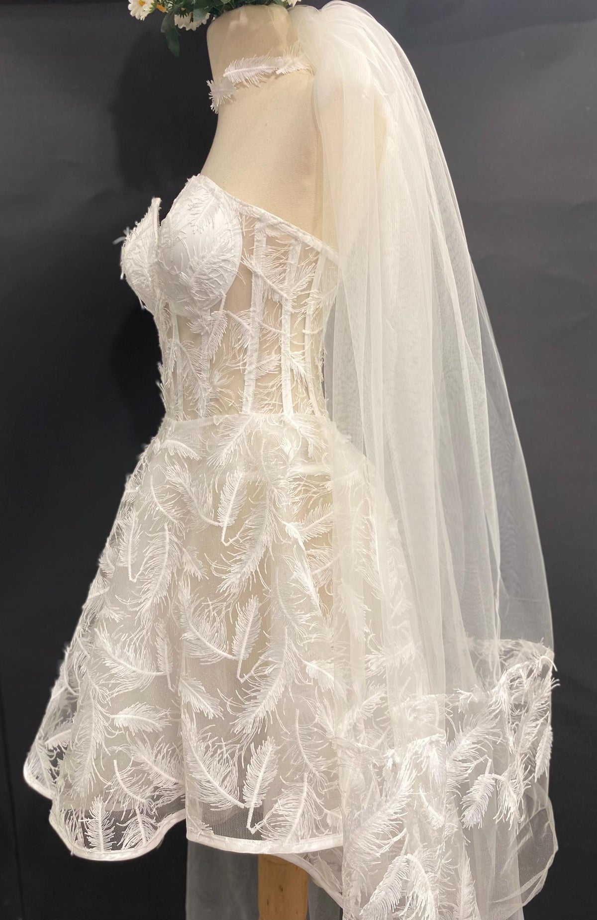 Feather Embroidered Corset Mini Wedding Dress, Strapless Bridal Gown, Elopement Reception Dress