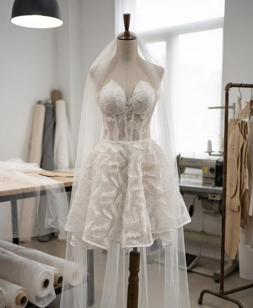 Feather Embroidered Corset Mini Wedding Dress, Strapless Bridal Gown, Elopement Reception Dress