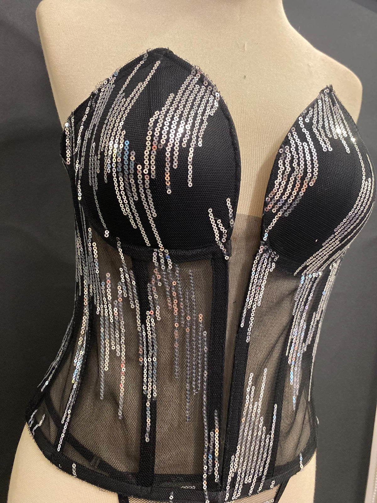 Black Sequin Sheer Corset Top, Strapless Sweetheart Bustier, Festival Lingerie