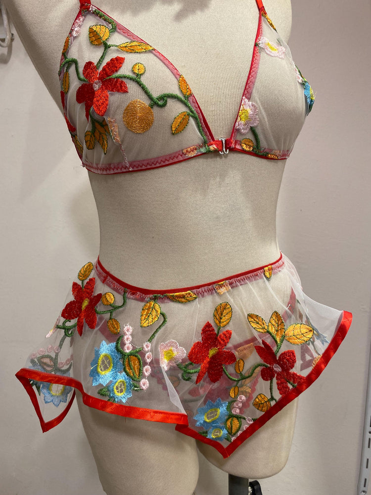 Colorful Floral Embroidered Lingerie Set with Sheer Skirt
