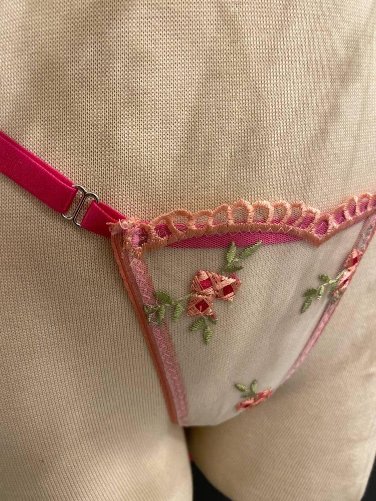 Embroidered Floral Lingerie Set, Sheer Babydoll Skirt, Pink Lace Bridal Nightgown
