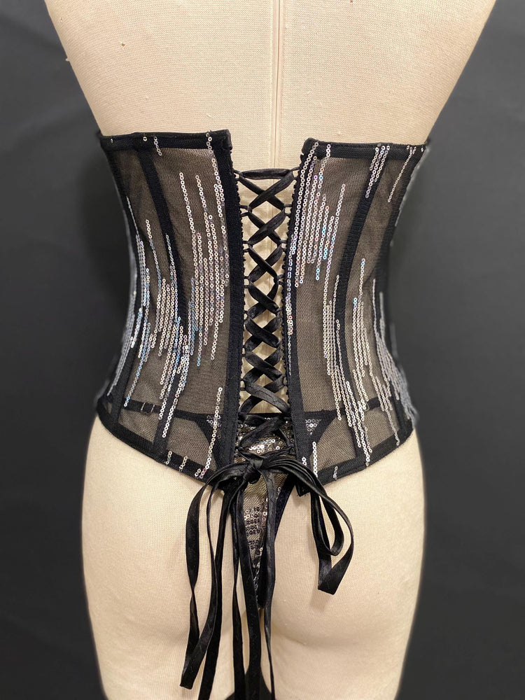 Black Sequin Sheer Corset Top, Strapless Sweetheart Bustier, Festival Lingerie