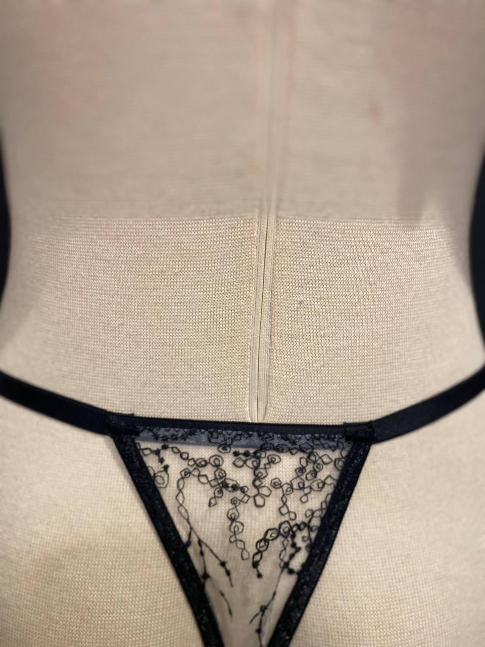 Handmade in Istanbul - Black Botanical Embroidery Lingerie Set, Sheer White Tattoo Lace Bralette Thong (Made to Order)