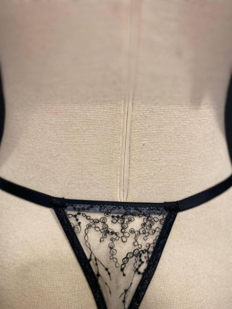Handmade in Istanbul - Black Botanical Embroidery Lingerie Set, Sheer White Tattoo Lace Bralette Thong (Made to Order)