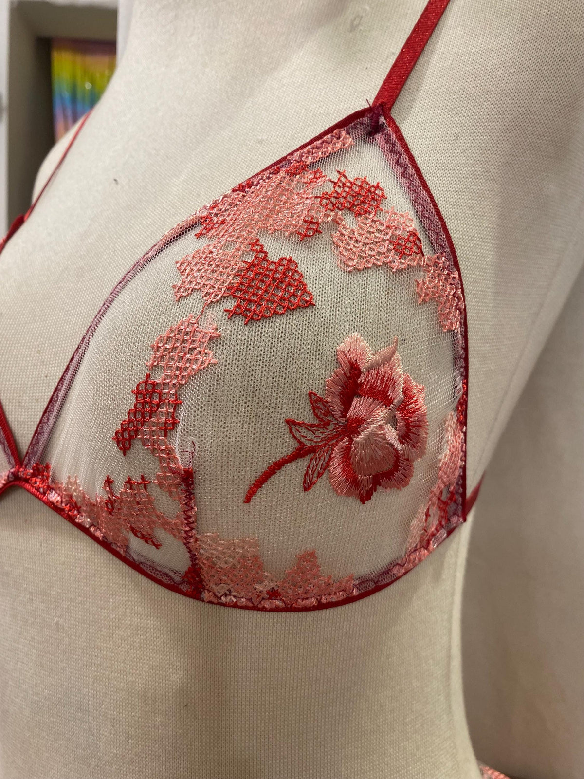 Red Sheer Lingerie Set, Embroidered Mesh Bralette, Bridal Lingerie Set