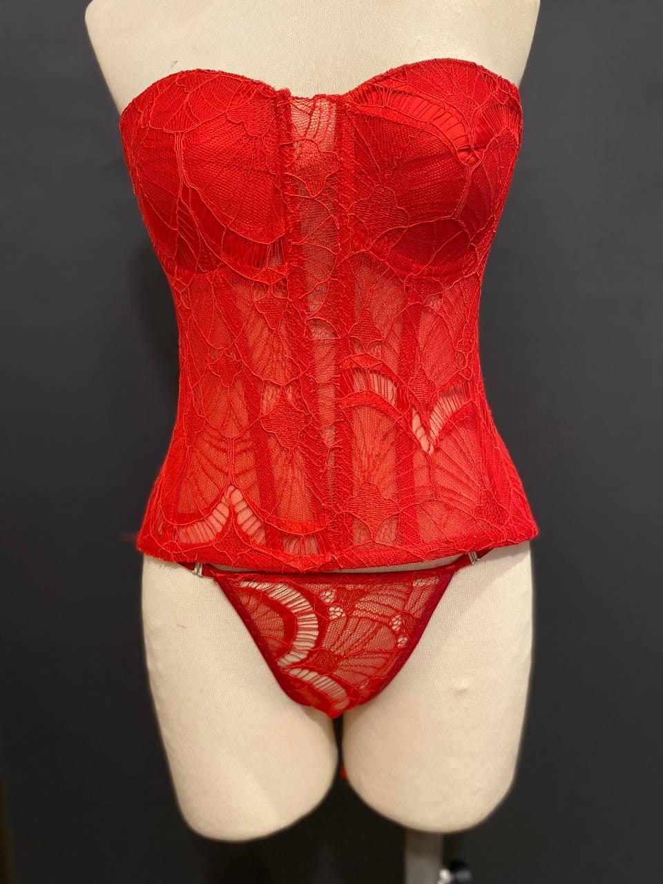 Red Lace Corset and Thong Set, Gothic Victorian Bustier,Bridal Lingerie