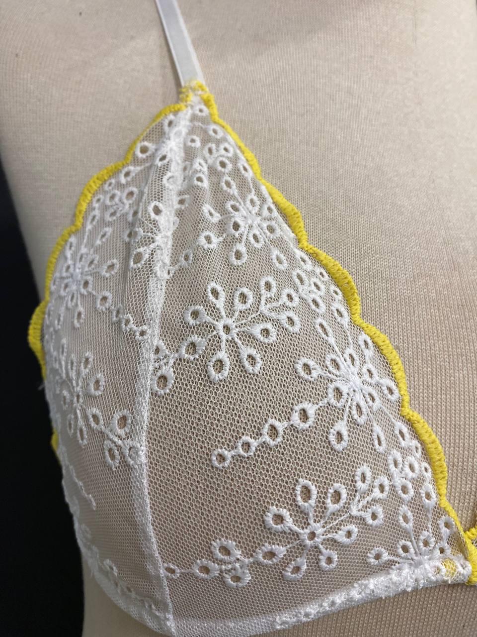White Floral Lace Bralette, Handmade Soft Triangle Bra