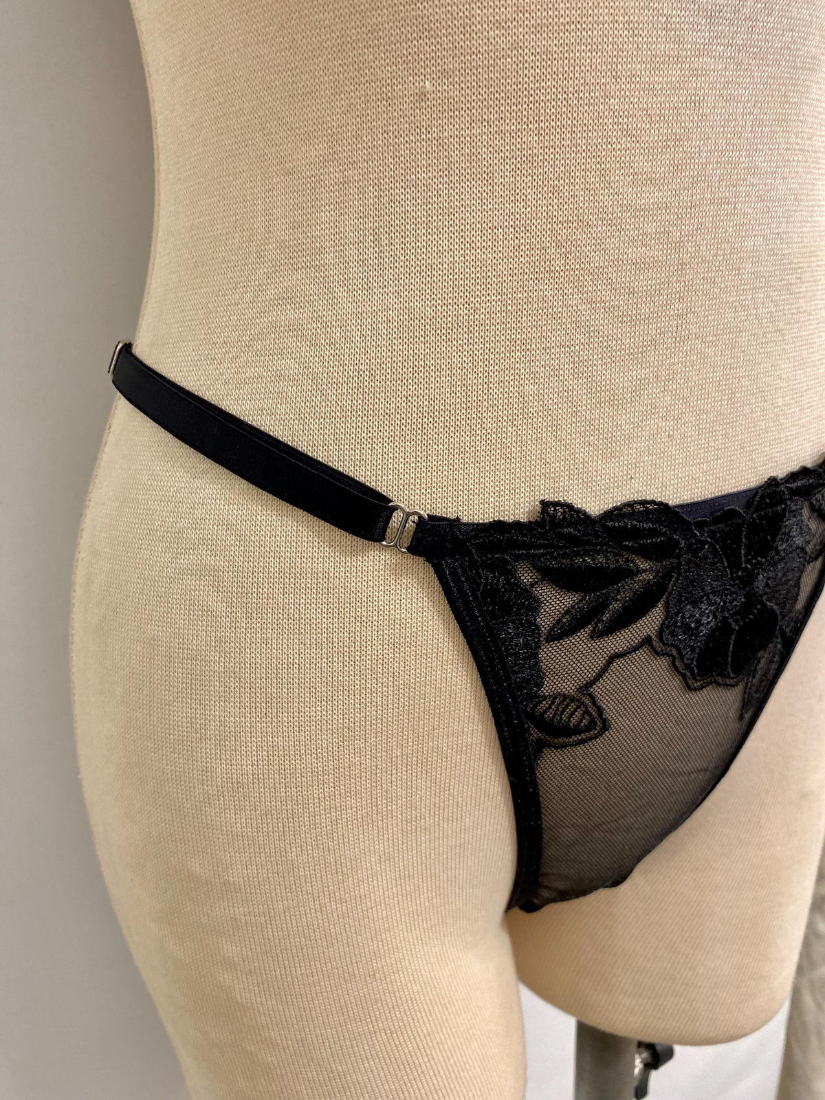 Handmade in Istanbul - Sheer Mesh Bra & Thong - Handmade Black Rose Embroidered Lingerie Set