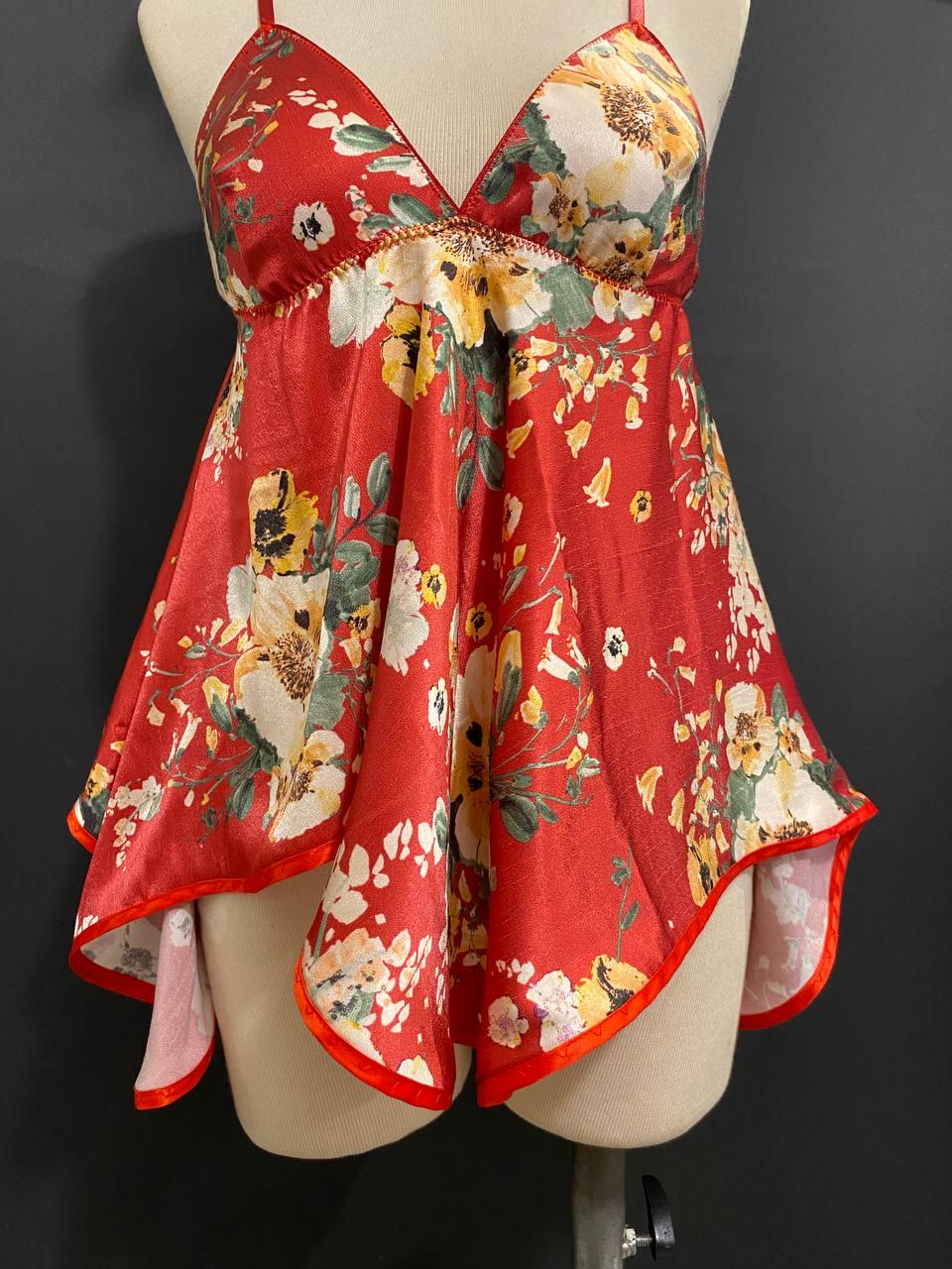 Handmade in İstanbul Organic Cupro Floral Babydoll Dress, Red Vegan Silk Slip Lingerie