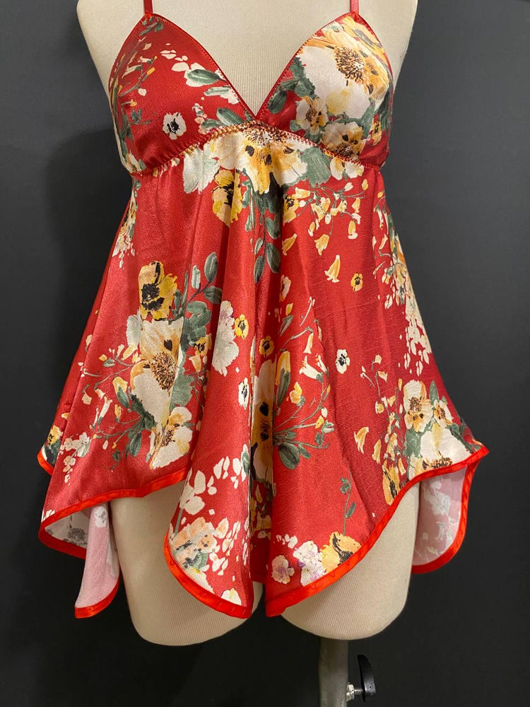 Handmade in İstanbul Organic Cupro Floral Babydoll Dress, Red Vegan Silk Slip Lingerie