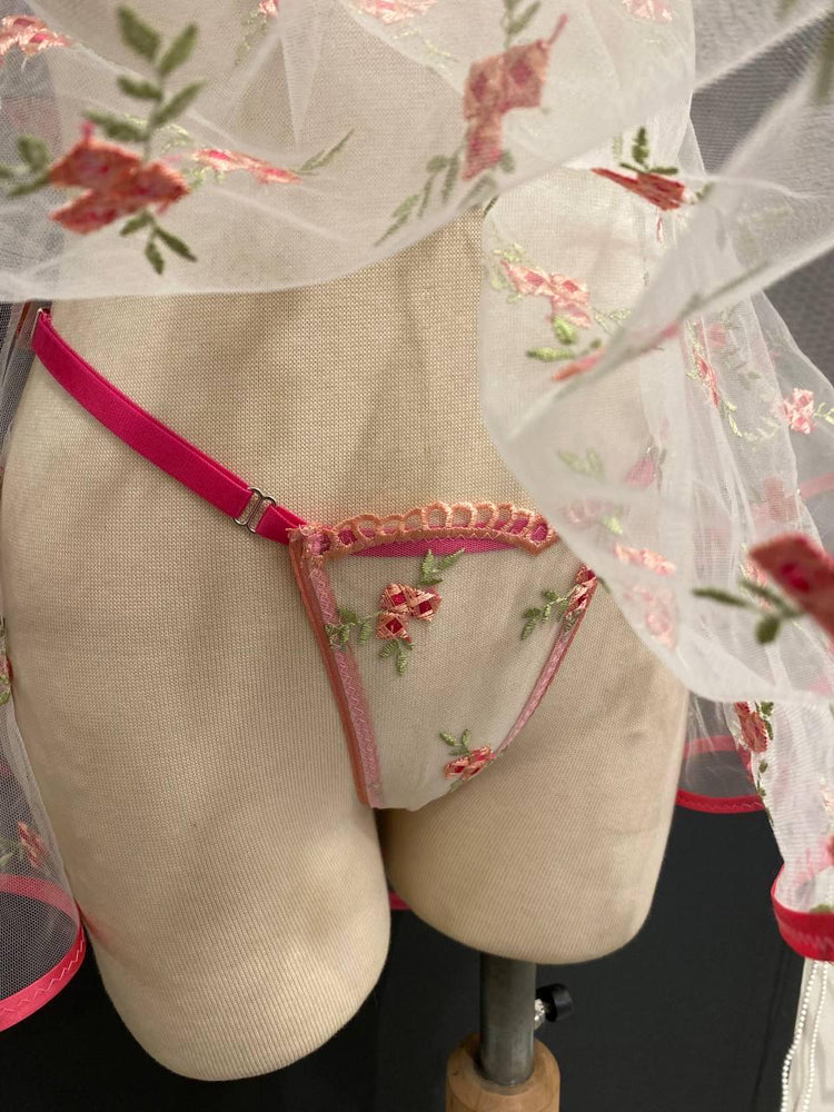 Embroidered Floral Lingerie Set, Sheer Babydoll Skirt, Pink Lace Bridal Nightgown