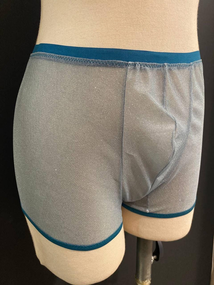 Silver Glitter Men’s Boxer Brief | Luxury Sheer Mesh Underwear | Handmade Designer Lingerie | Transparent Lurex Boxer