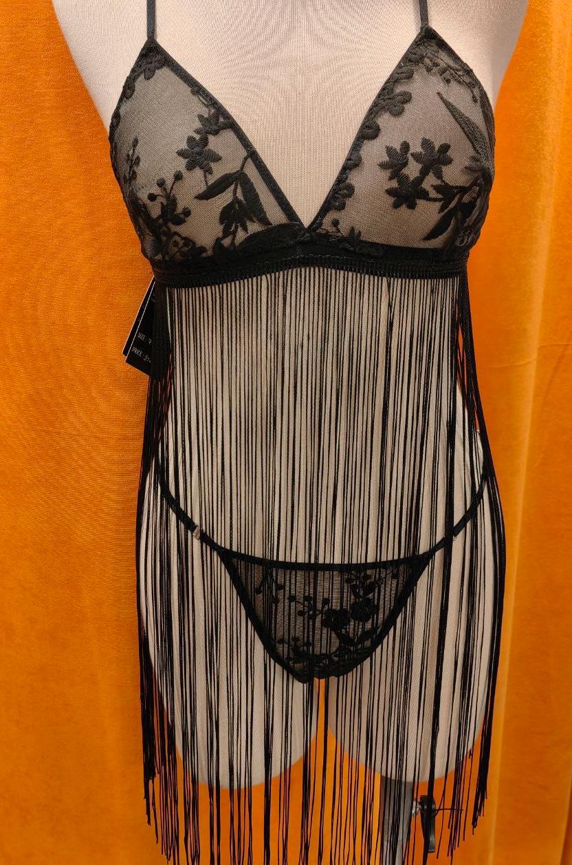 Handmade Black Lace Fringe Lingerie Set – Embroidered Floral 1920’s dress