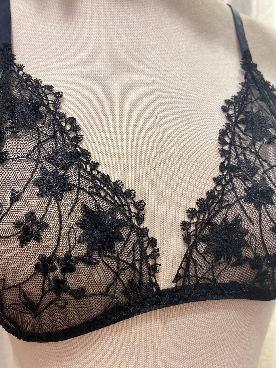 Handmade Black Floral Lace Lingerie Set,Sheer Triangle Bra and Thong