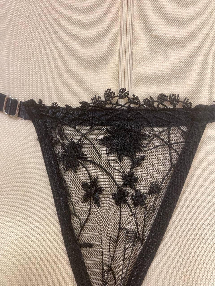 Handmade Black Floral Lace Lingerie Set,Sheer Triangle Bra and Thong
