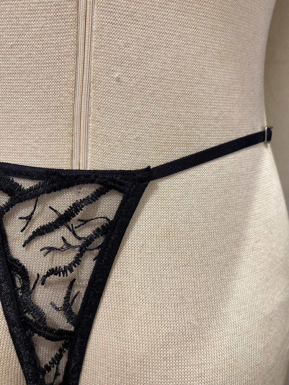 Handmade in İstanbul Black Sheer Mesh Thong with Organic Branch Embroidery
