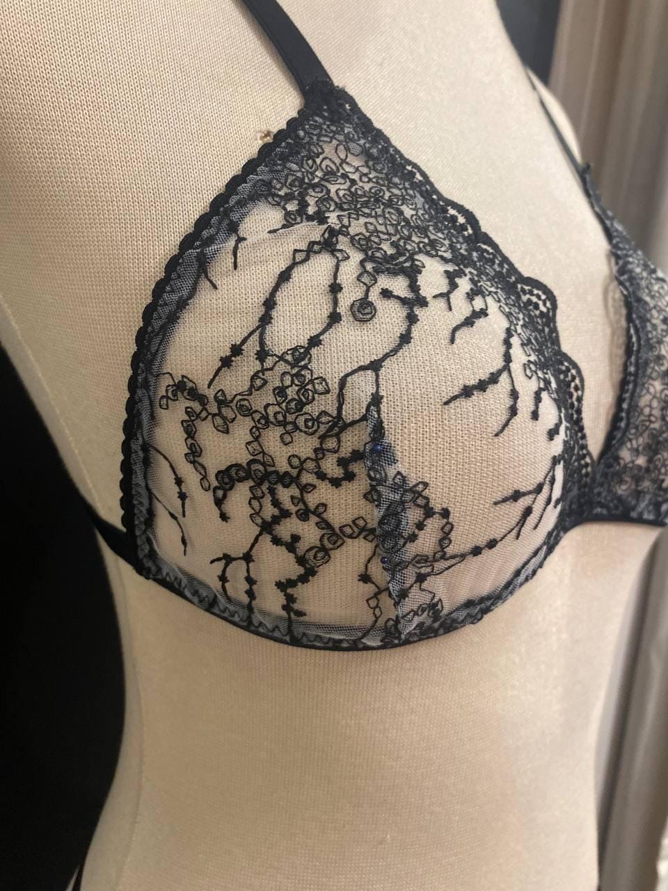 Handmade in Istanbul - Black Botanical Embroidery Lingerie Set, Sheer White Tattoo Lace Bralette Thong (Made to Order)