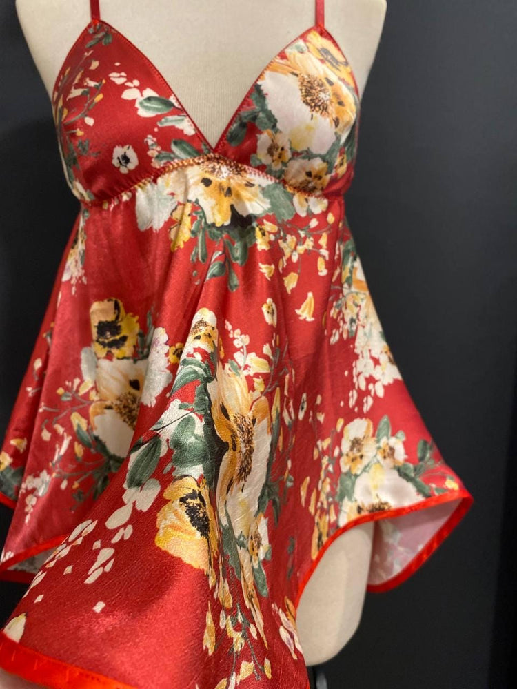 Handmade in İstanbul Organic Cupro Floral Babydoll Dress, Red Vegan Silk Slip Lingerie