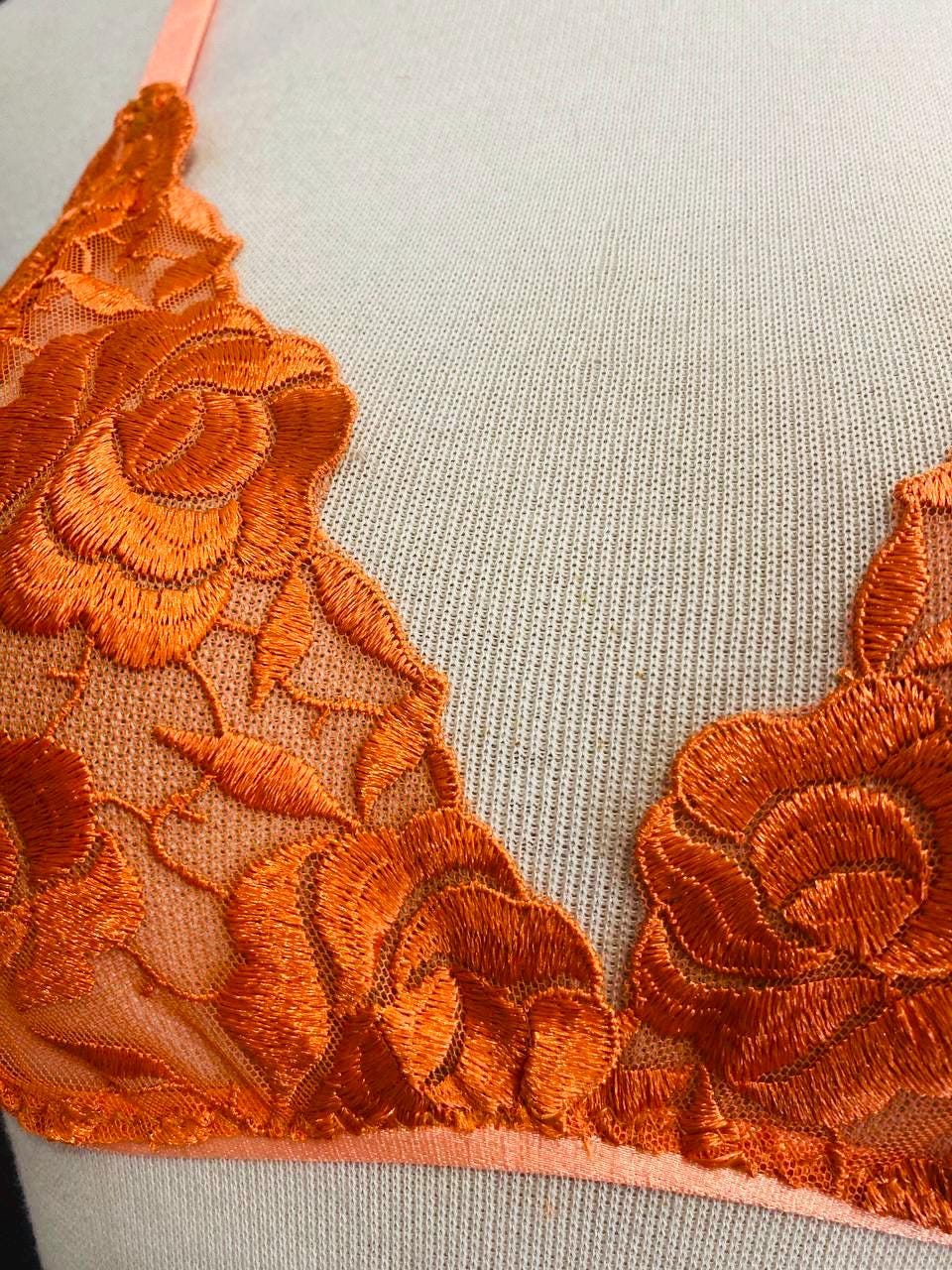 Orange Lace Bralette Set, Handmade Sheer Lingerie, Floral Lace Thong Set, Sexy Lingerie, Festival Underwear, Gift for Her