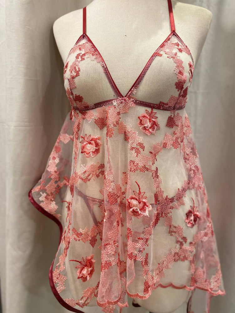 Handmade in İstanbul Red Floral Lingerie Set, Sheer Mesh Babydoll, Embroidered Bridal Lingerie, Adjustable Thong, Honeymoon Nightdress Gift