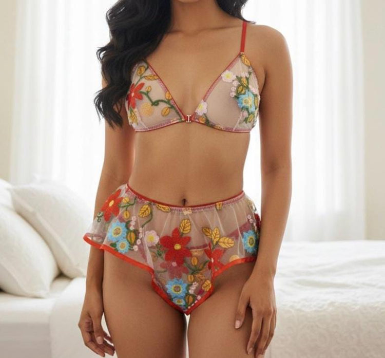 Colorful Floral Embroidered Lingerie Set with Sheer Skirt
