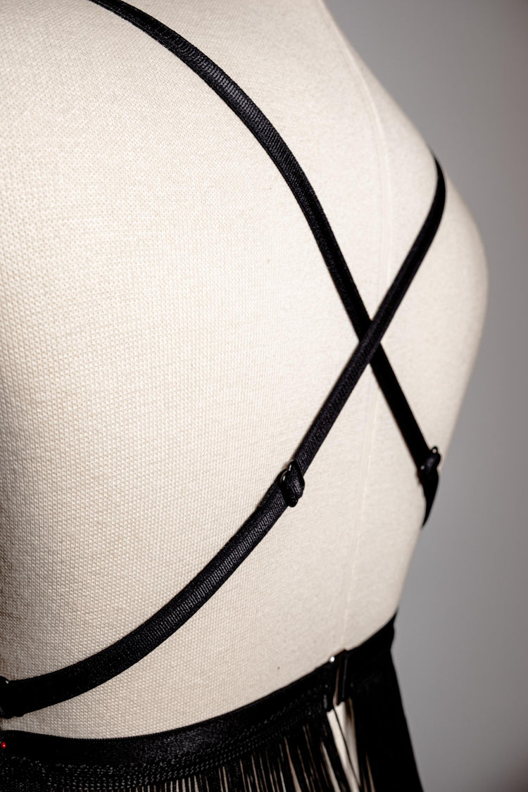 Handmade in İstanbul Sequin Mesh, 1920s Flapper Style Handmade Black Fringe Lingerie