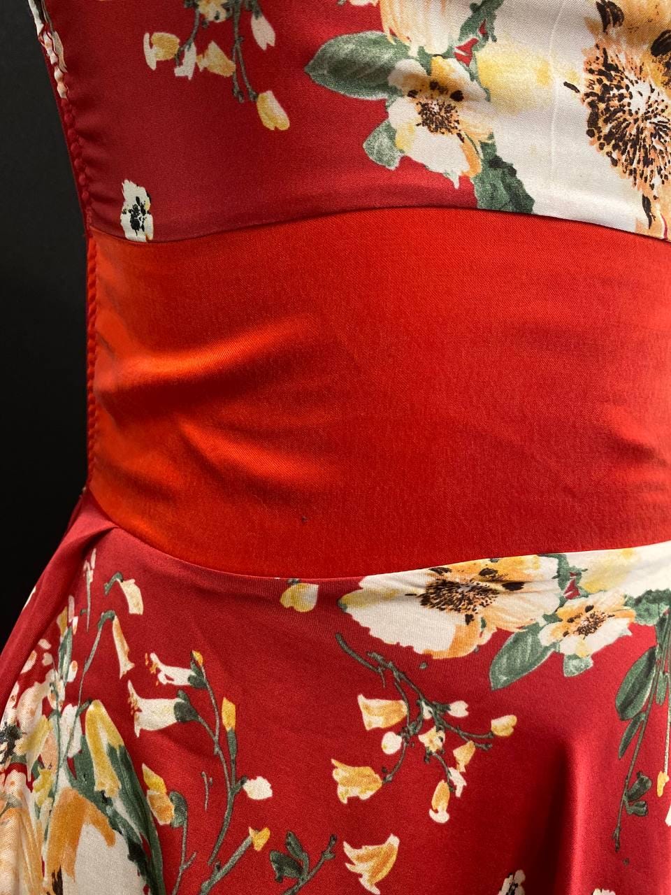 Red Floral Cupro Halter Mini Dress, Open Back, Adjustable Straps