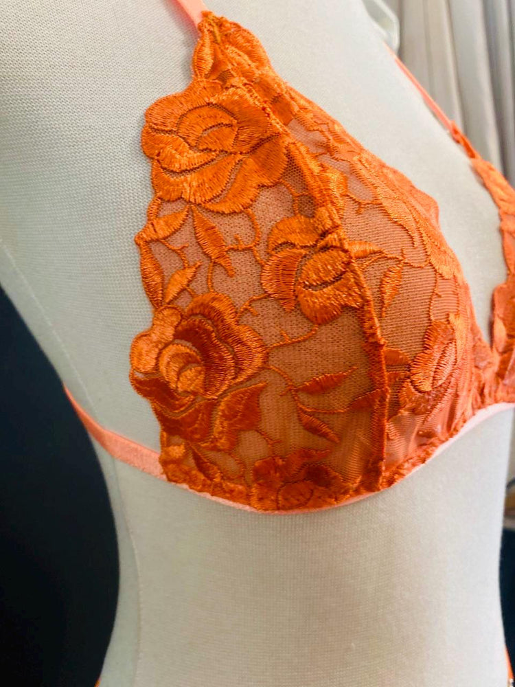 Orange Lace Bralette Set, Handmade Sheer Lingerie, Floral Lace Thong Set, Sexy Lingerie, Festival Underwear, Gift for Her