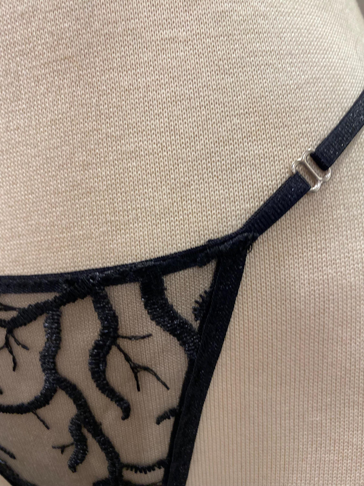 Handmade in İstanbul Black Sheer Mesh Thong with Organic Branch Embroidery