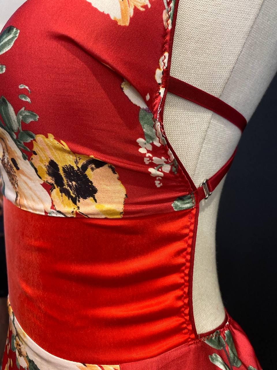 Red Floral Cupro Halter Mini Dress, Open Back, Adjustable Straps