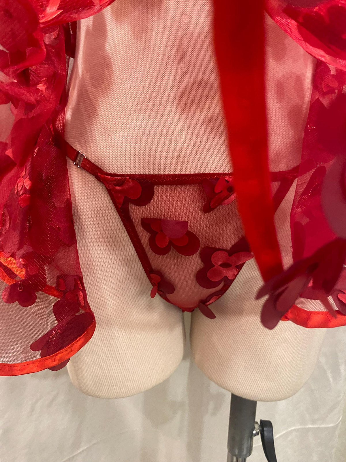 Handmade in İstanbul Red Sheer Babydoll Lingerie – Floral Applique Mesh Nightdress