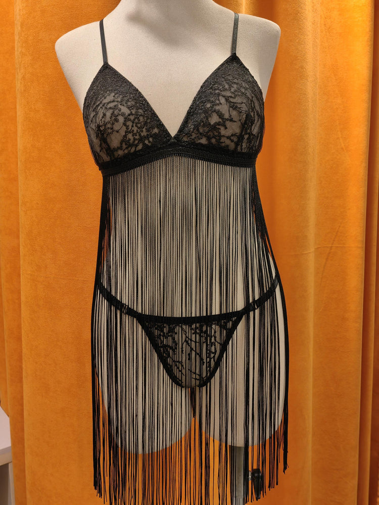 Handmade in İstanbul Black Fringe Lace Lingerie Set – Handmade Sheer Babydoll with Embroidered Details